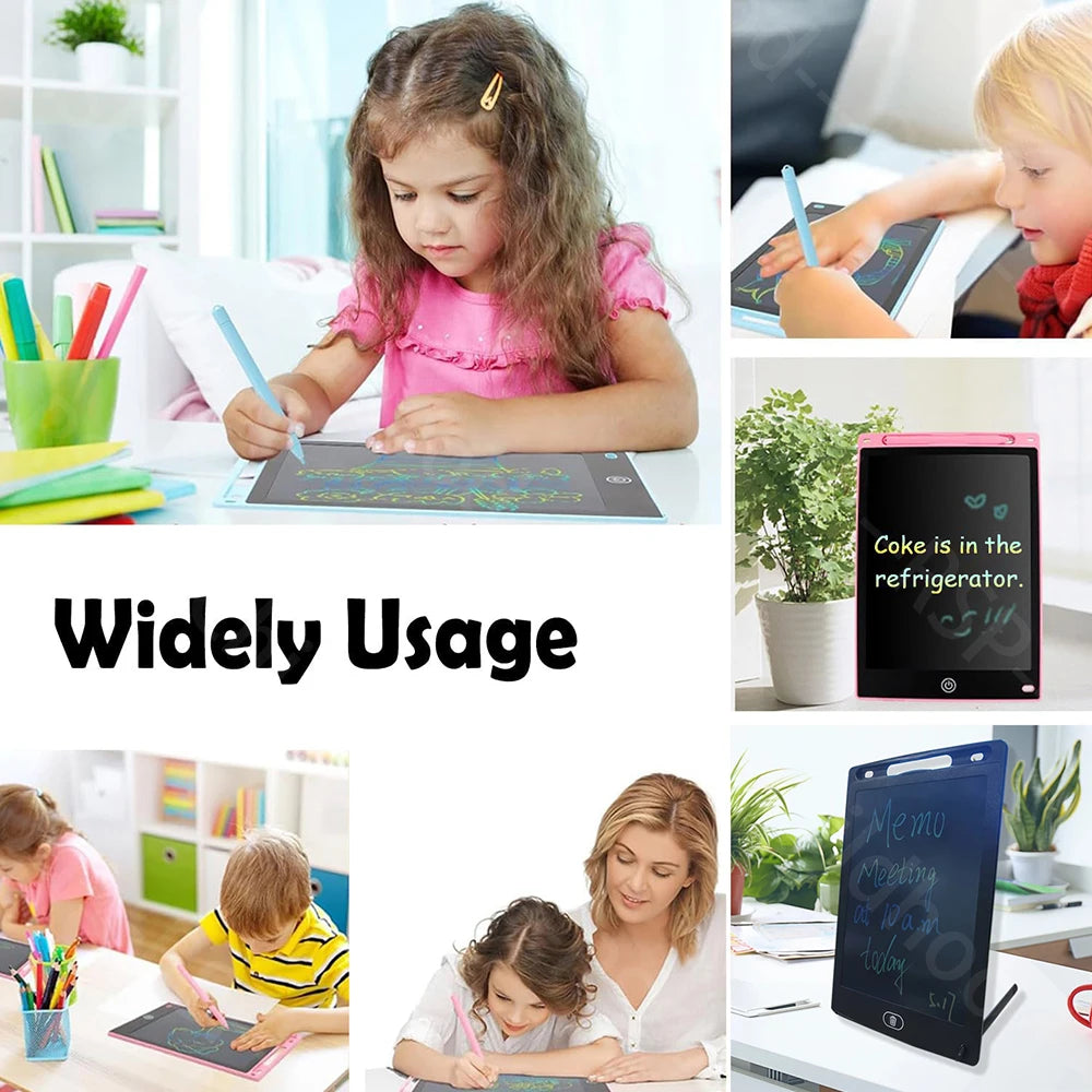 A young girl is using an LCD writing tablet for drawing and writing on a white surface.