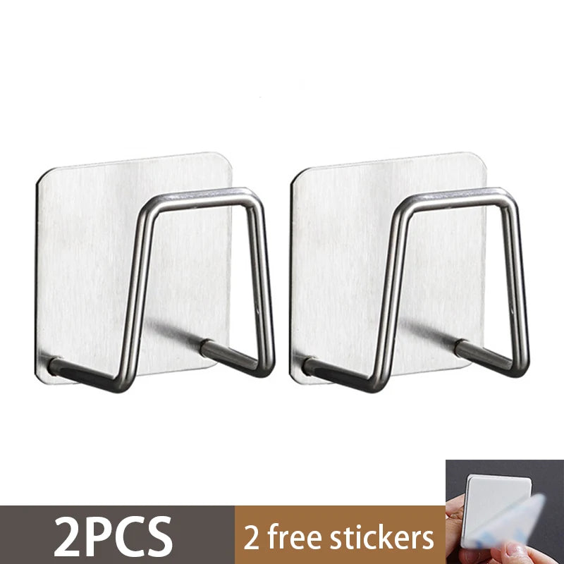 Two stainless steel sponge holders with attached stickers shown against a white background.
