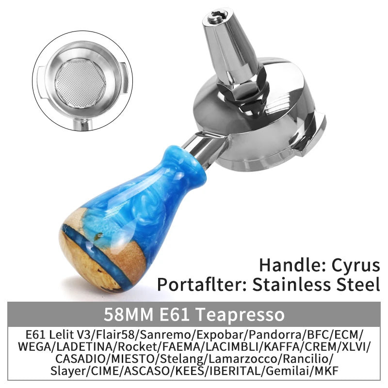 A silver stainless steel bottomless espresso portafilter with a blue glass handle for E61 machines.