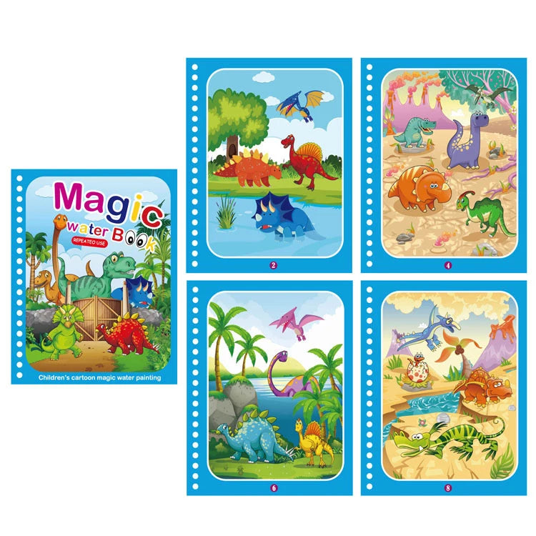 A set of six reusable magic water drawing books featuring colorful cartoon animals and nature scenes for children.