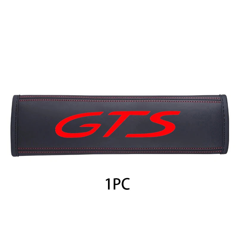 Black leather seat belt cover with red GTS logo on a white background