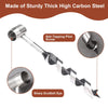 A silver self-tapping pilot screw and a sharp Scottish eye are shown on a manual wood auger drill.