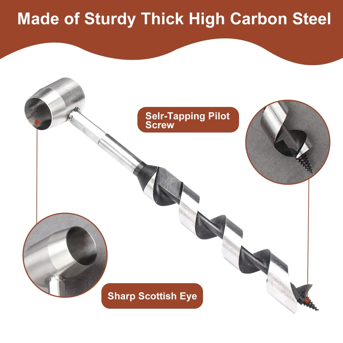 A silver self-tapping pilot screw and a sharp Scottish eye are shown on a manual wood auger drill.