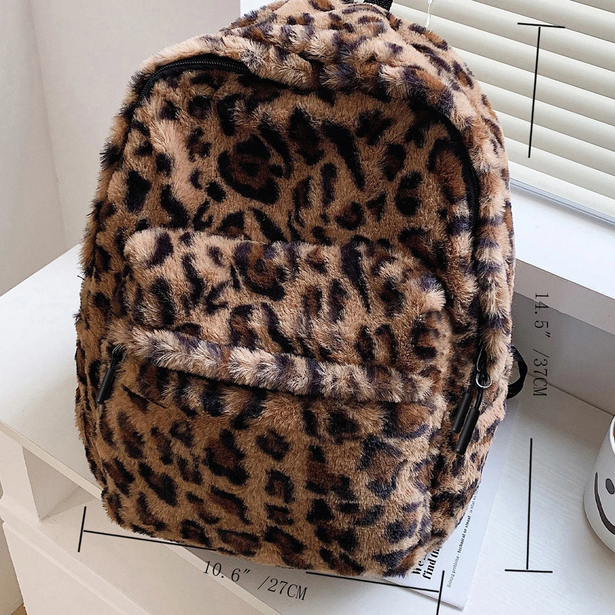 Faux Fur Leopard Print Backpack with Multiple Pockets