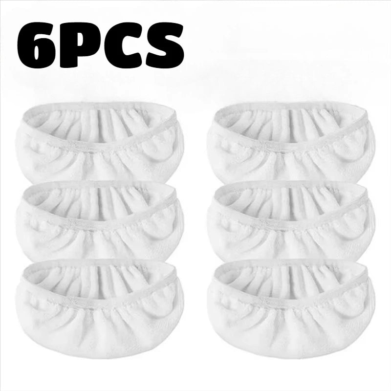 Six packs of white reusable microfiber mop refill pads