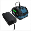 A black and blue rechargeable 18V Lithium-Ion battery pack for power tools, shown with its charging cable.