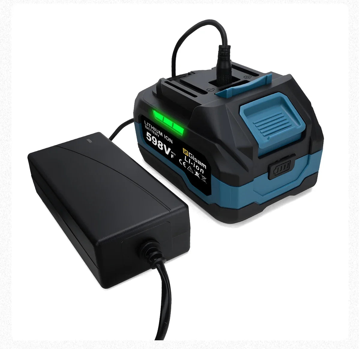 A black and blue rechargeable 18V Lithium-Ion battery pack for power tools, shown with its charging cable.