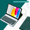 A white iPad case is shown open with a detachable Bluetooth keyboard, set against a dark green background.
