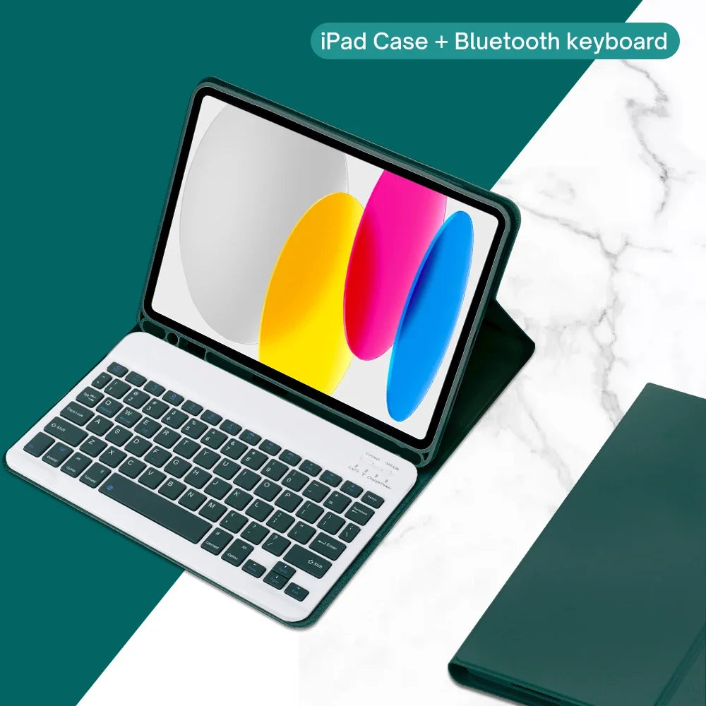 A white iPad case is shown open with a detachable Bluetooth keyboard, set against a dark green background.