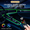 A hand holds a remote control for an RGB music-sync car ambient light system installed in a car interior.
