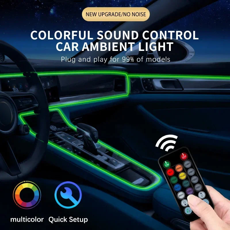 A hand holds a remote control for an RGB music-sync car ambient light system installed in a car interior.