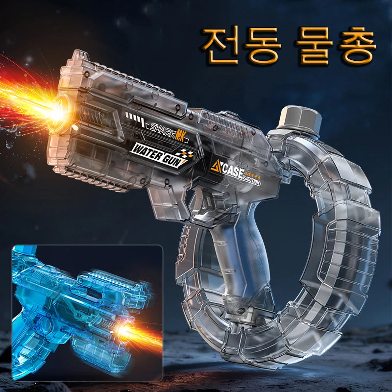 A silver LED light-up electric water blaster with a large tank and a blue glowing effect.