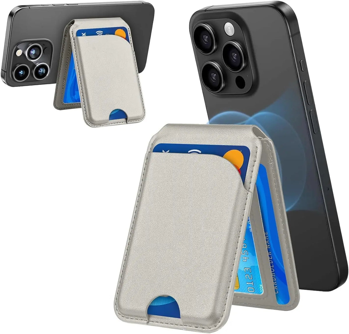 Beige magnetische Geldbörse und Handy-Ständerzubehör neben einem schwarzen iPhone.