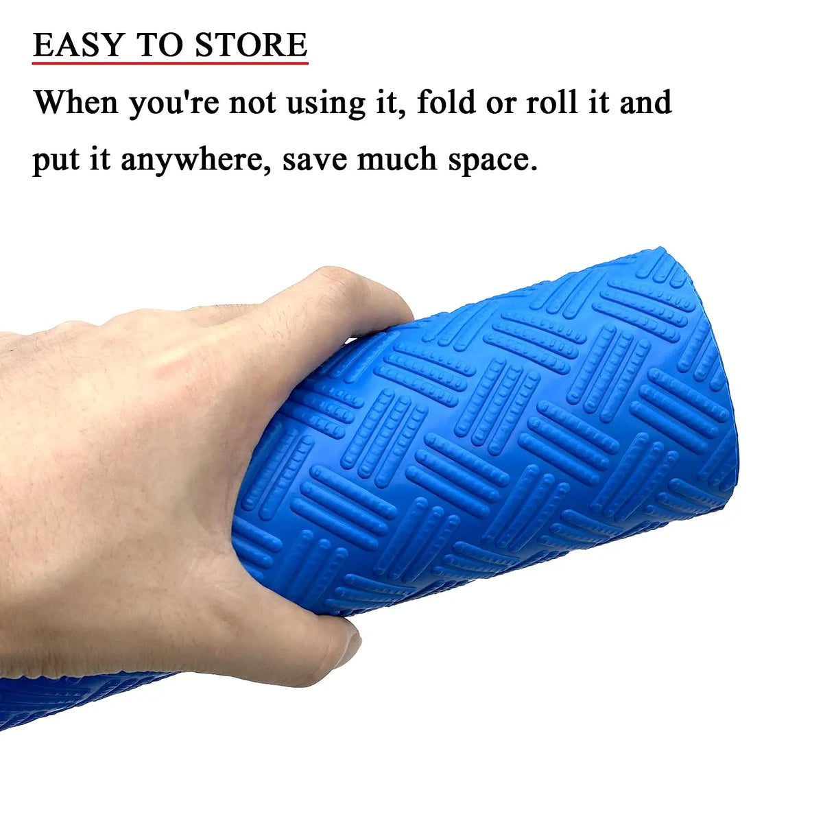 A hand is holding a bright blue, textured non-slip swimming pool ladder mat.