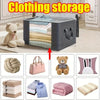Gray fabric storage box with a transparent window displaying folded clothing items like shirts and sweaters.