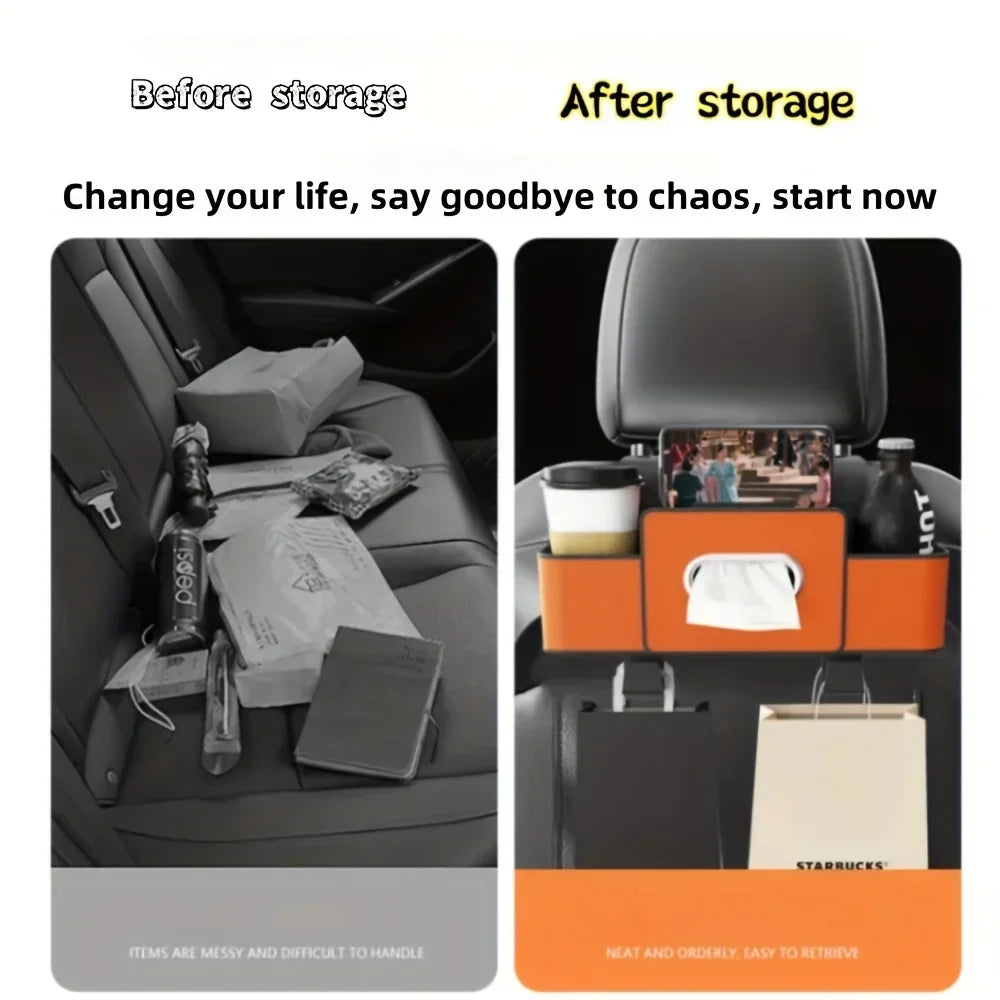 Before and after comparison of a backseat car organizer showing items before and after storage