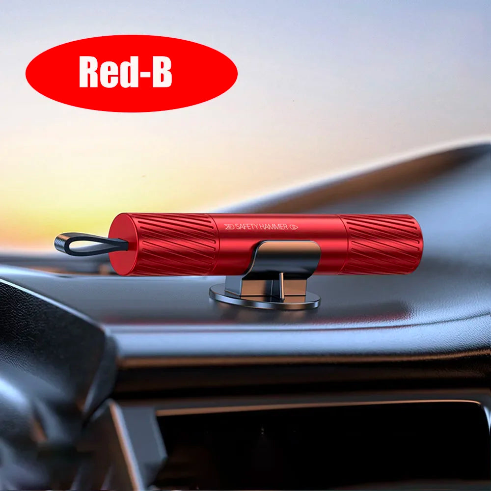 A red safety hammer with a handle is shown resting on a car interior surface.