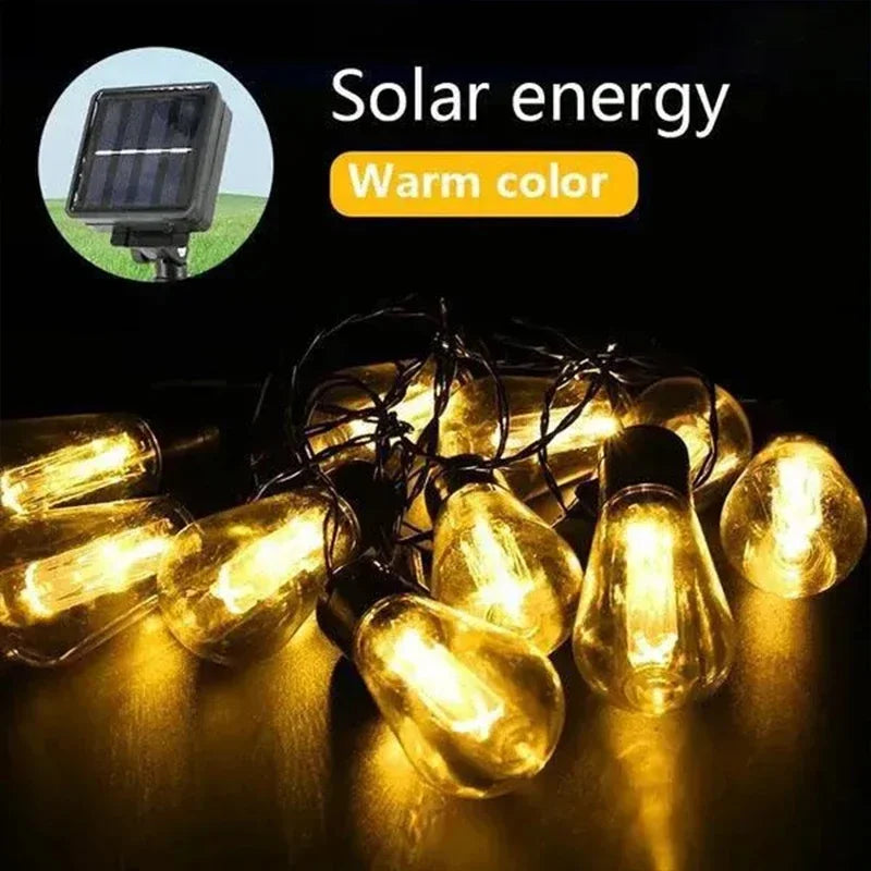A close-up of warm color solar energy string lights illuminating a dark surface.