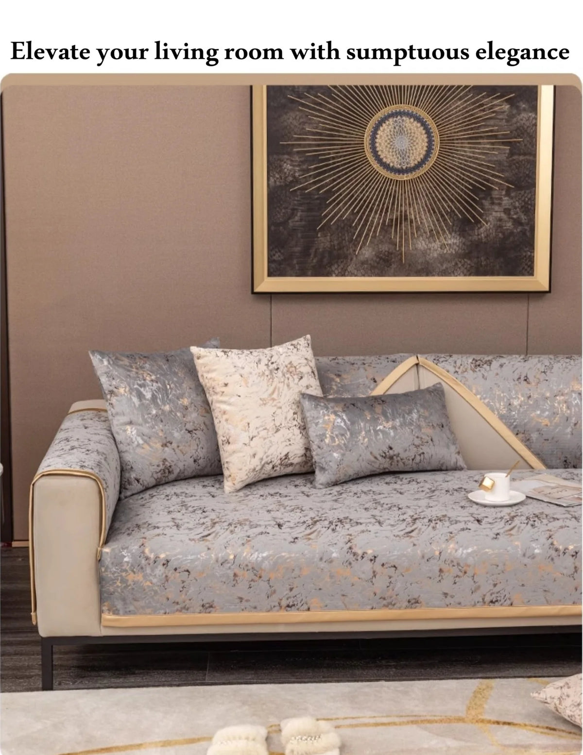 Gold-Foil Velvet Sofa Cushion Cover – Non-Slip, Machine Washable