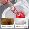 A hand is using a red heavy-duty toilet plunger to clear a drain, showing the before and after of dredging.