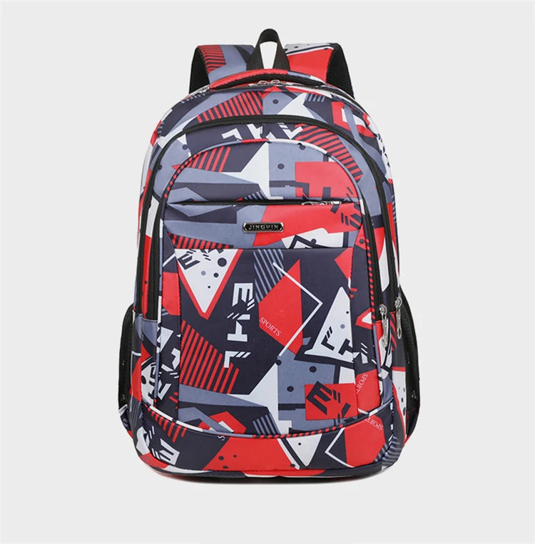 A red and gray patterned laptop backpack with black trim and a black strap.