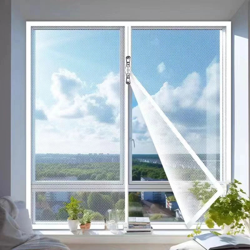 A white self-adhesive window screen mesh with a zipper is shown installed in a modern window frame.