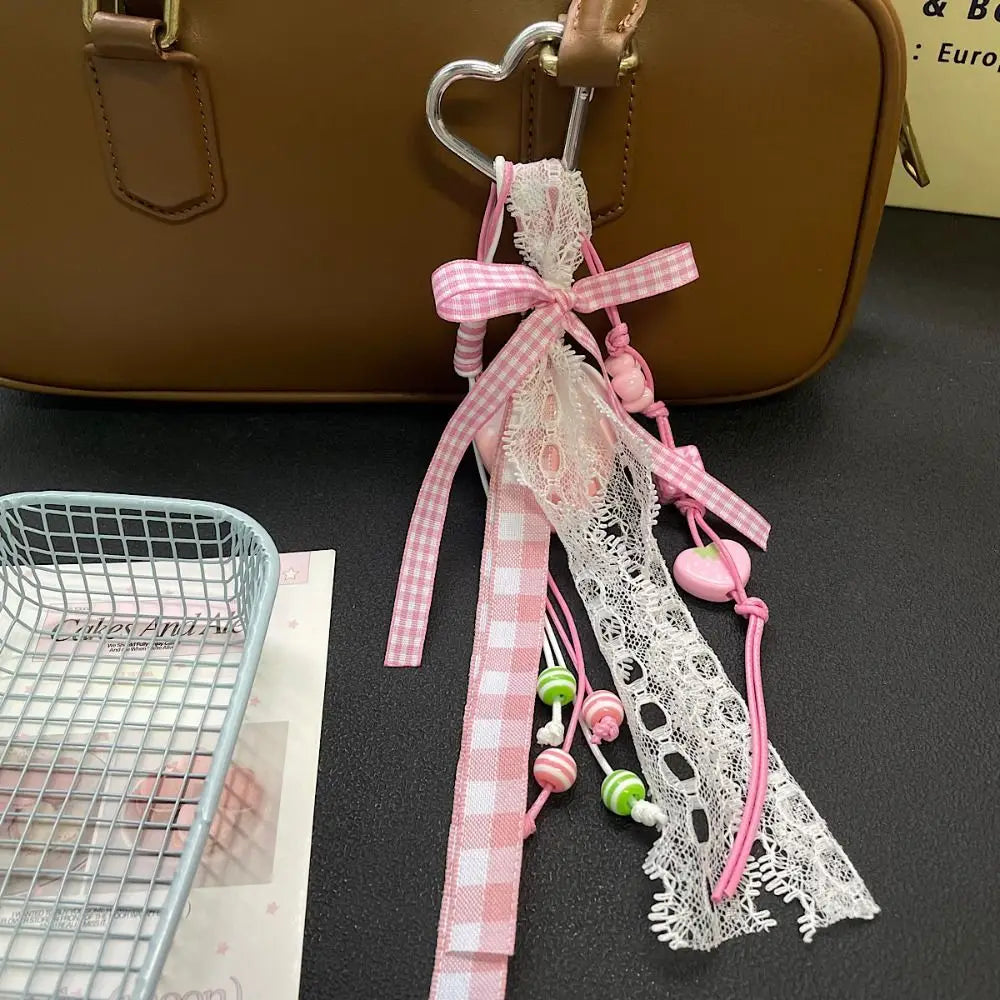 Strawberry Bag Charm Keychain with Ribbon Bow