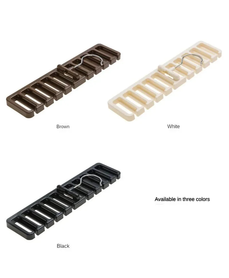 Three versions of a multifunctional belt and tie organizer with hanging rack in brown, white, and black.
