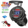 A black 96W dual QC3.0 car charger with a LED display, voltage meter, and multiple ports.