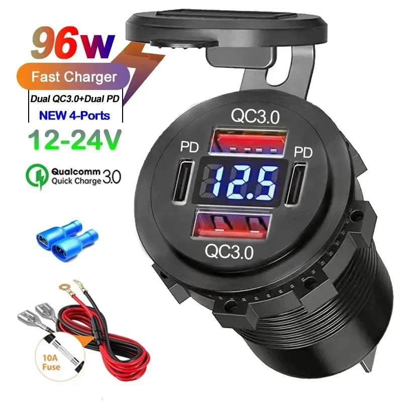 A black 96W dual QC3.0 car charger with a LED display, voltage meter, and multiple ports.