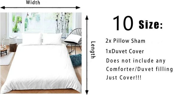 A white duvet cover set with a Wild Safari animal print design shown next to a bed.