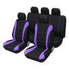 A row of black seat cushions with purple accents for a car, SUV, truck, or van.