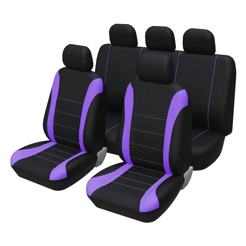 A row of black seat cushions with purple accents for a car, SUV, truck, or van.