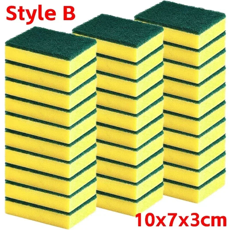 A set of green and yellow cleaning sponges stacked in a rectangular arrangement.