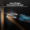A cordless electric screwdriver with an LED light is shown being used to illuminate a dark area.