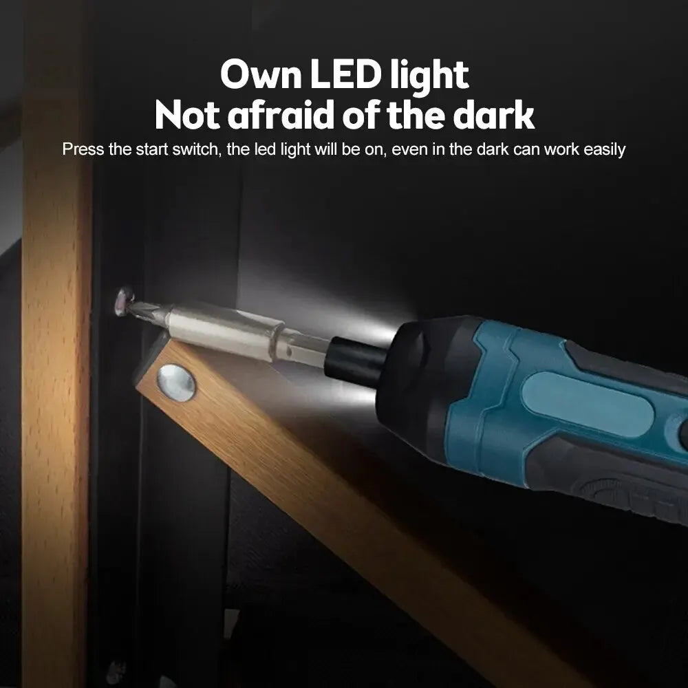 A cordless electric screwdriver with an LED light is shown being used to illuminate a dark area.