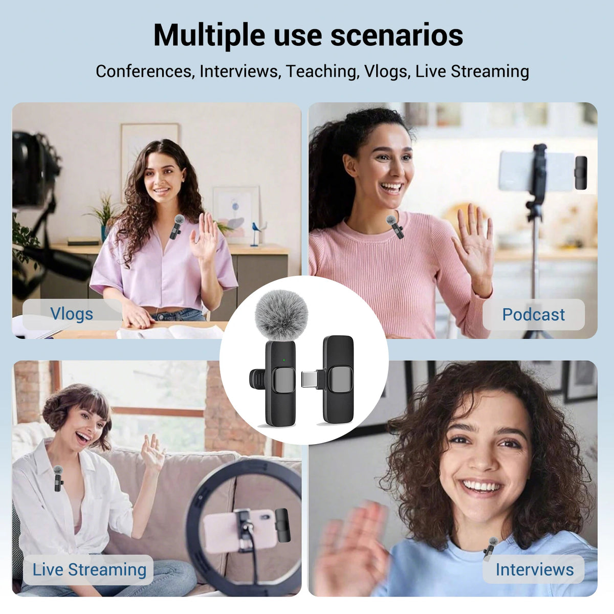 A collage showing various use scenarios for a USB-C wireless lavalier microphone including vlogs, podcasts, live streaming, a