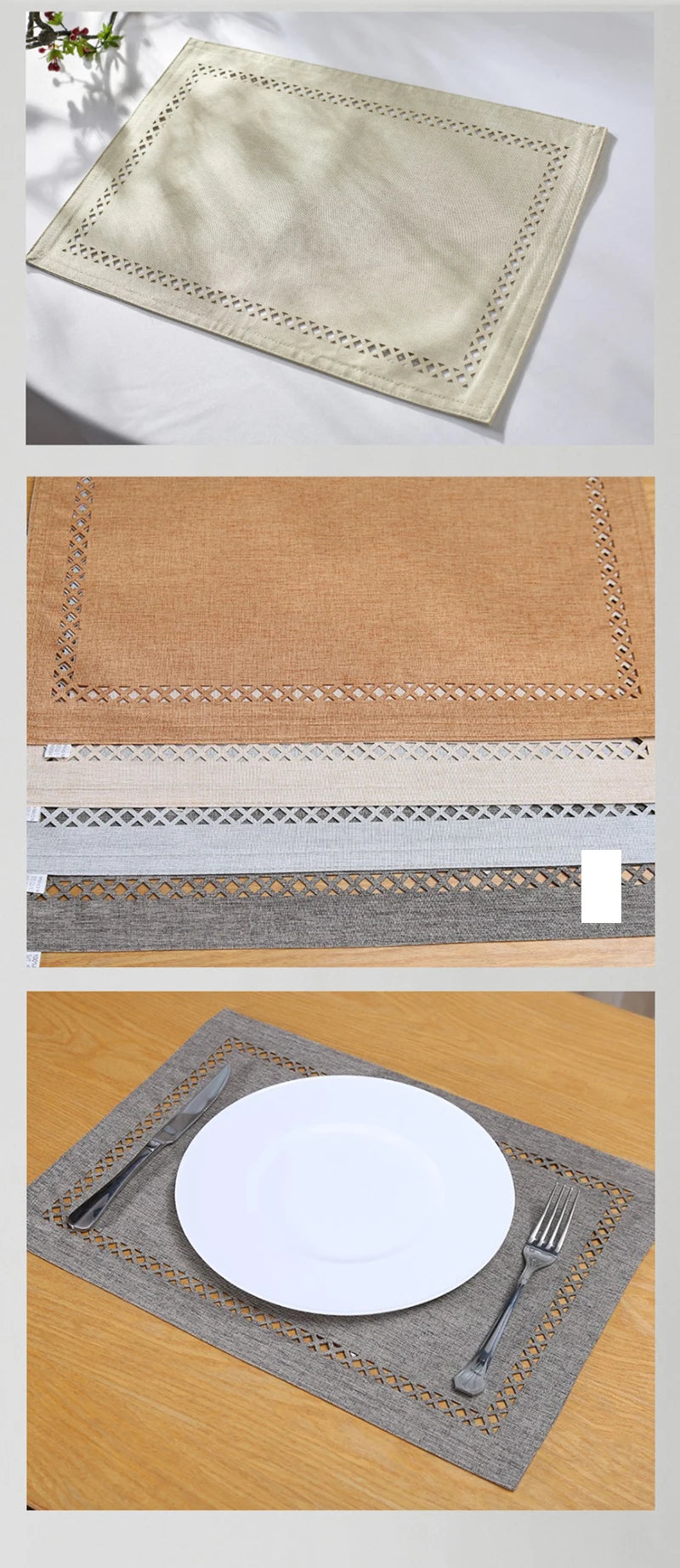 A set of three linen embroidered placemats in beige, tan, and gray, with a square placemat featuring silverware on a wooden t