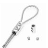 Stainless steel wire rope clamp with a threaded end and several loose clamps.