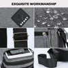 A collection of a black sports patch, leather strap, and various zippered pockets on a gray fabric bag.
