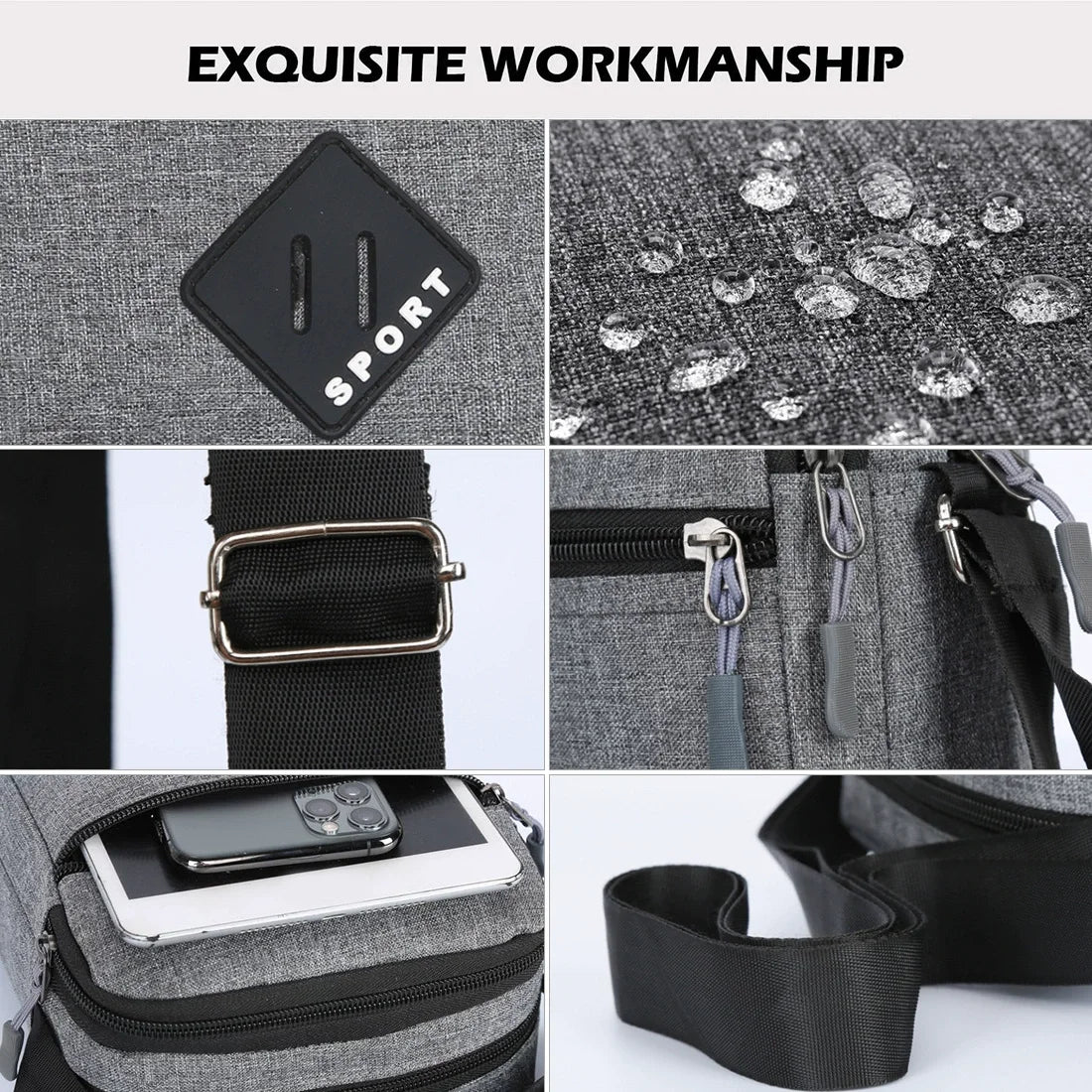A collection of a black sports patch, leather strap, and various zippered pockets on a gray fabric bag.