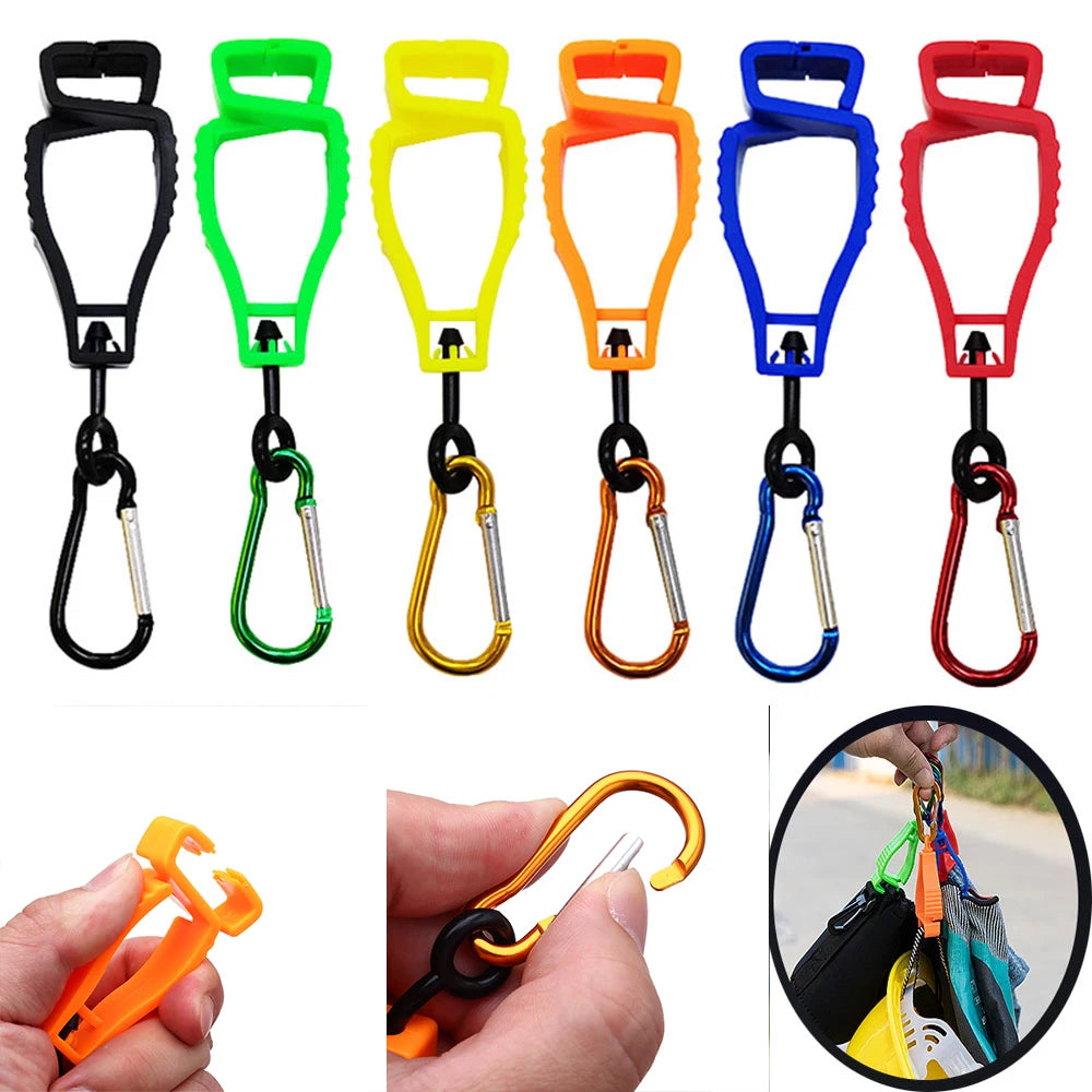 A set of colorful durable glove clips and an orange clip being held by a hand.