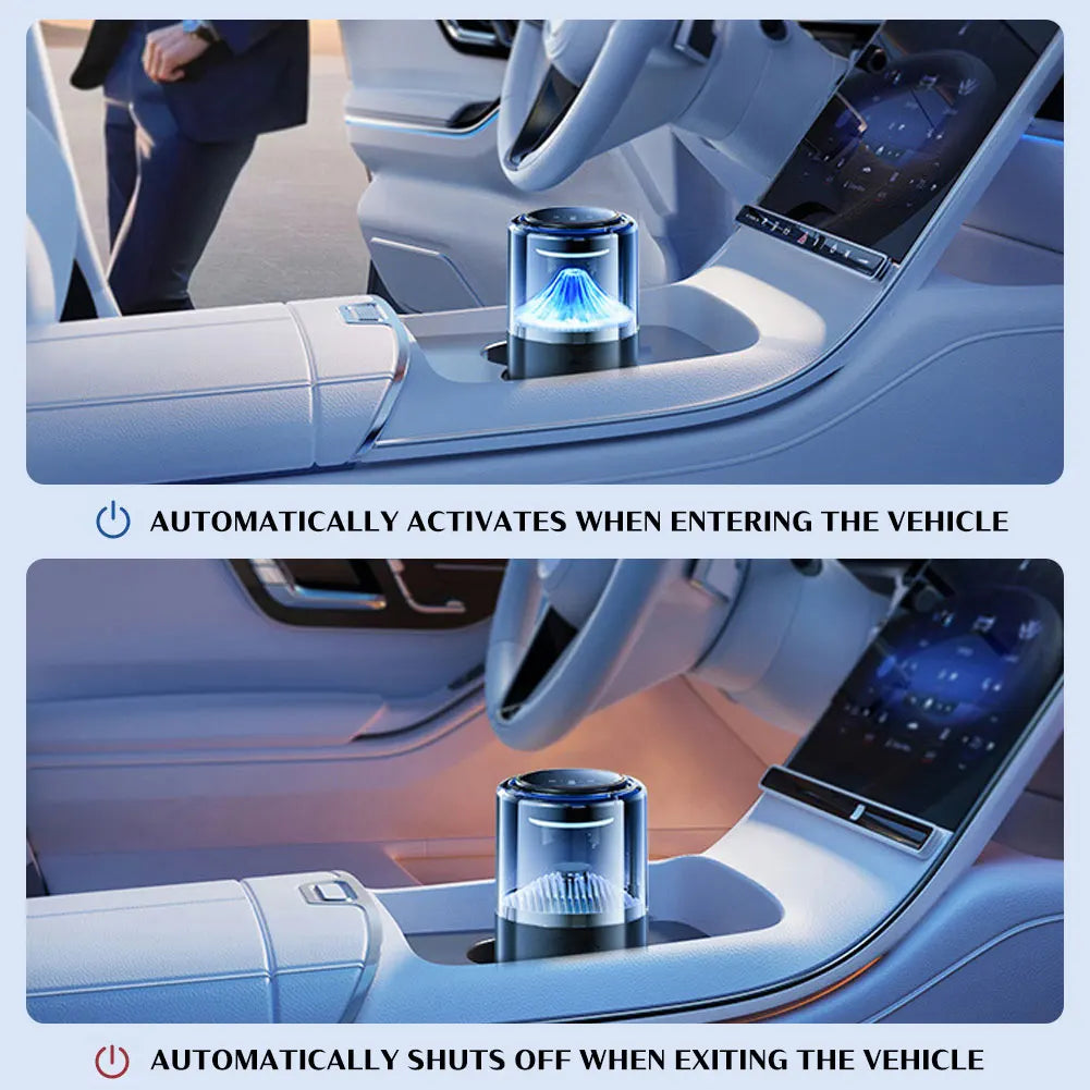 A smart car diffuser with ambient light is shown in the interior of a vehicle, demonstrating automatic activation and shut-of