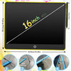 A black LCD writing tablet is shown with a stylus pen, illustrating its size and features.