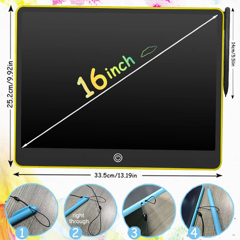 A black LCD writing tablet is shown with a stylus pen, illustrating its size and features.