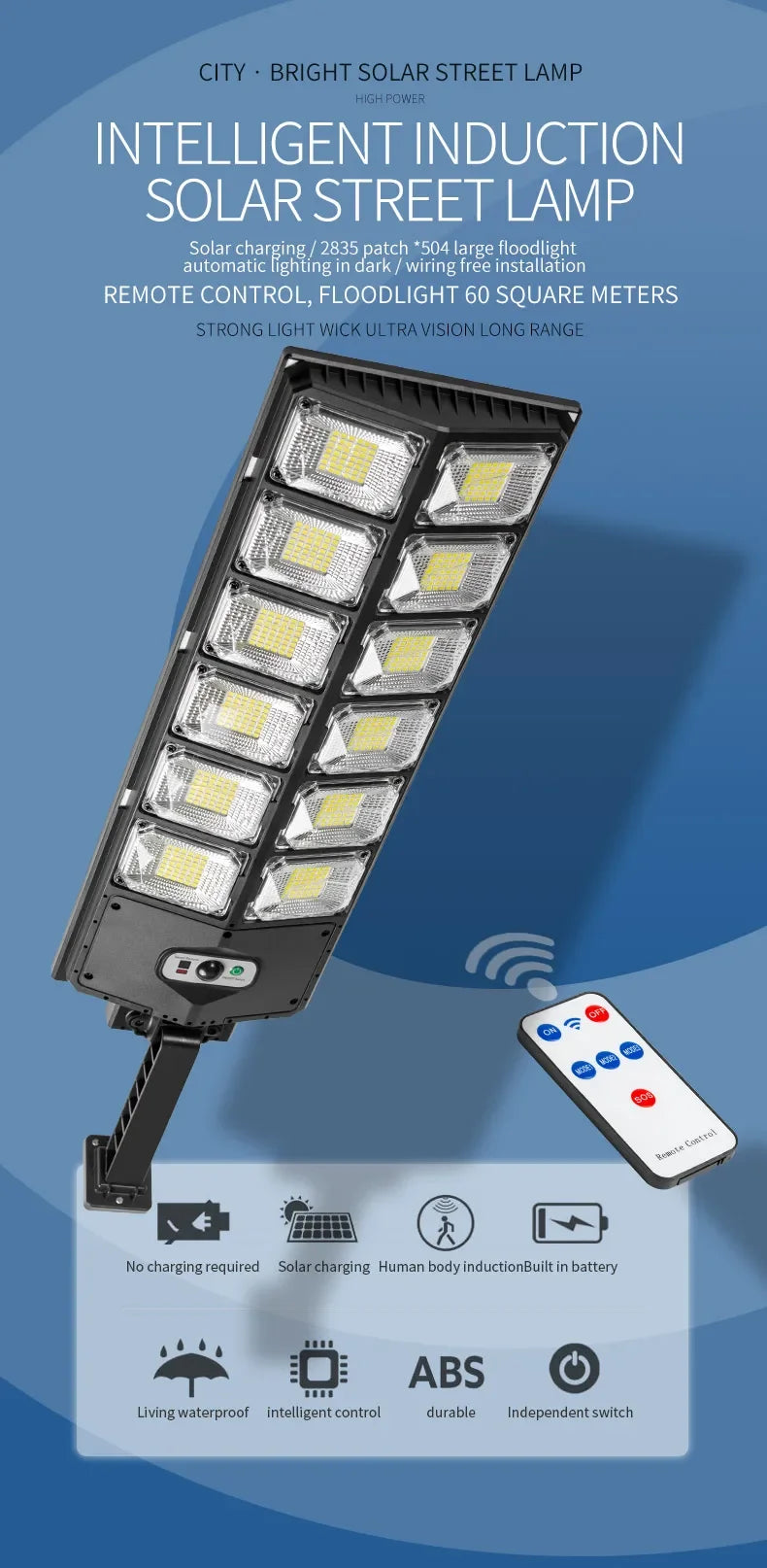 A close-up view of a high-power intelligent induction solar street lamp with an integrated remote control and LED light array