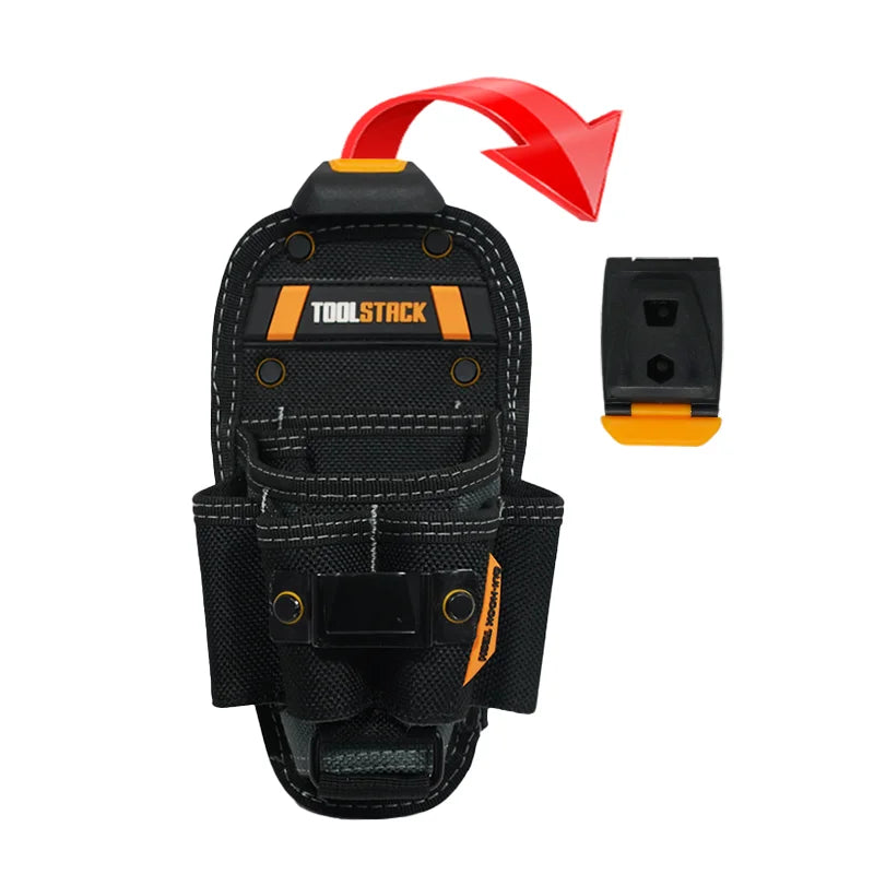 Black heavy duty electrician tool pouch with an orange handle and multiple pockets