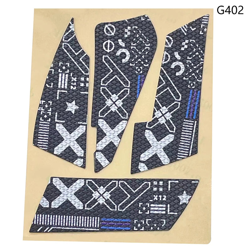 A set of four black and gray anti-slip mouse grip tapes for enhanced control