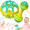 A set of colorful baby sensory spinning rattle toys, including a green and yellow ring toy and a yellow and green rattle, bei