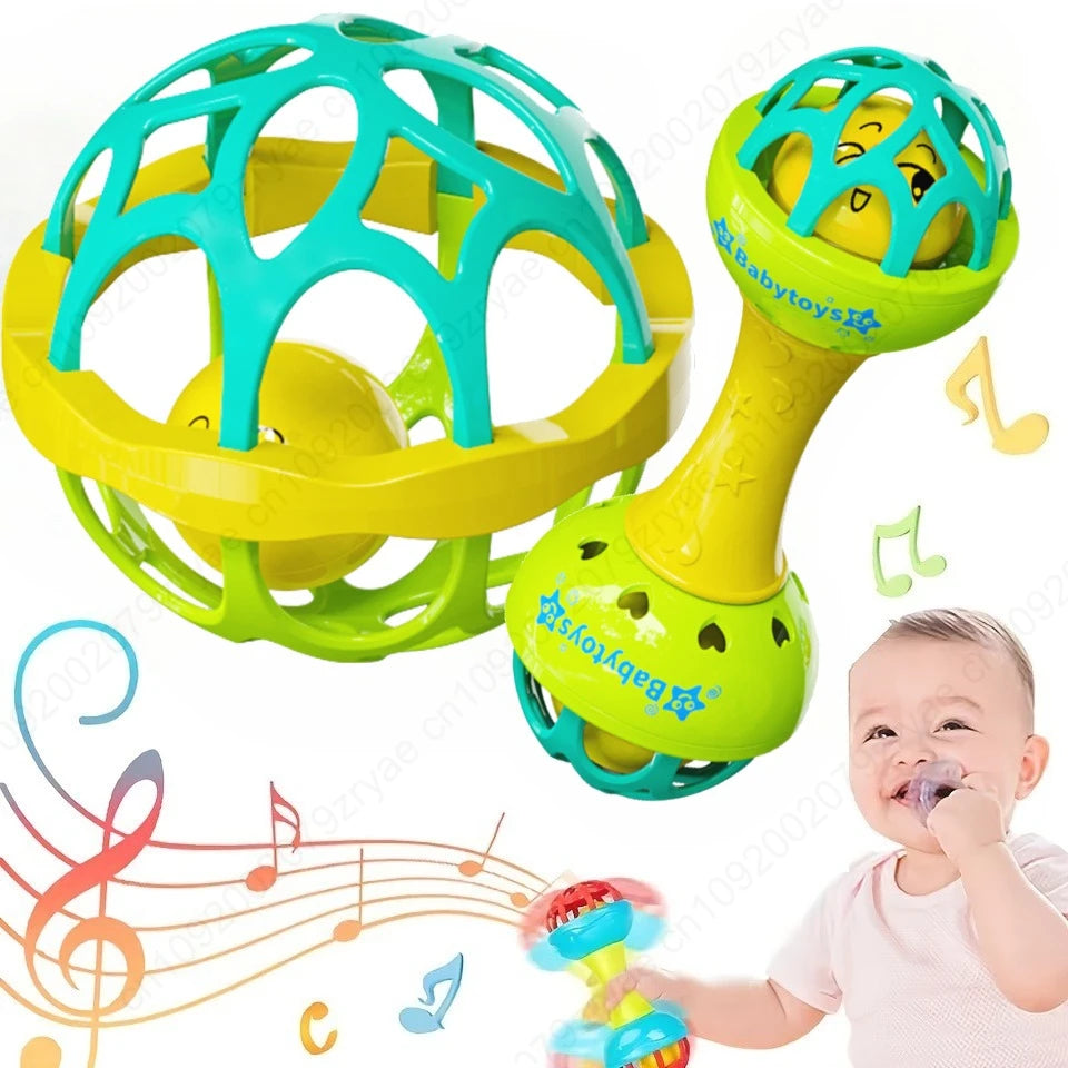 A set of colorful baby sensory spinning rattle toys, including a green and yellow ring toy and a yellow and green rattle, bei